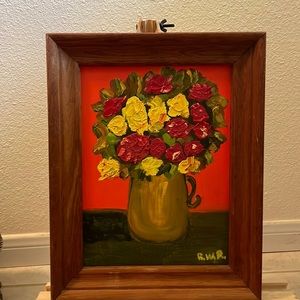 Hand painted oil on canvas floral arrangement. Red and yellow roses in pitcher